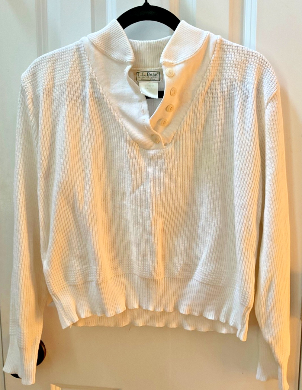 Vintage L.L. Bean Made in USA Women’s Small White Ribbed Button Henley Sweater